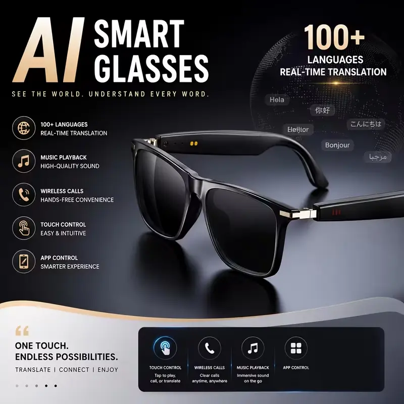 Black PEJE AI smart glasses without a camera, promoting real-time translation across more than 100 languages