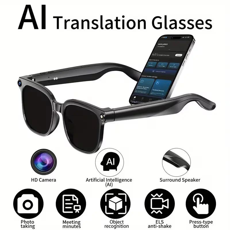 Black PEJE M02S AI smart glasses with camera and companion phone app