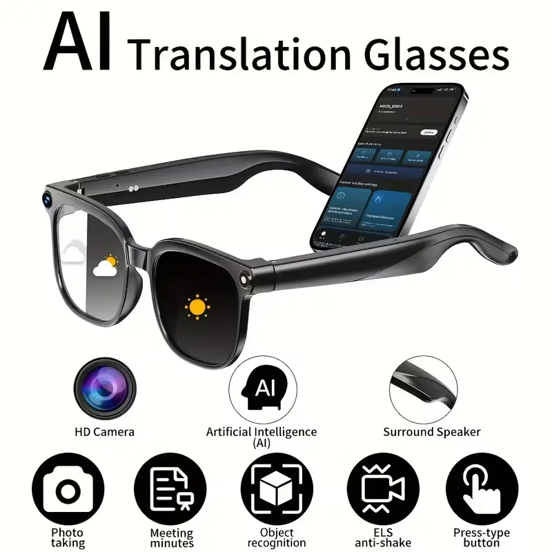 PEJE M02S smart glasses showing clear and dark colour-changing lens states